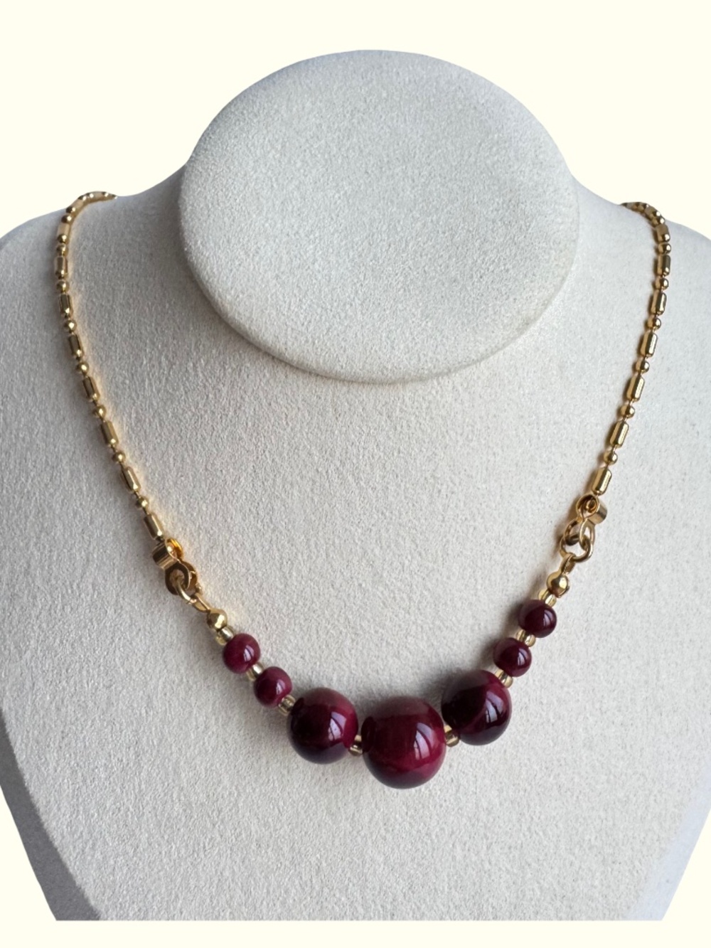 Vintage Dark Red Porcelain Bead Necklace Gold Tone Chain Chunky Choker Jewelry
